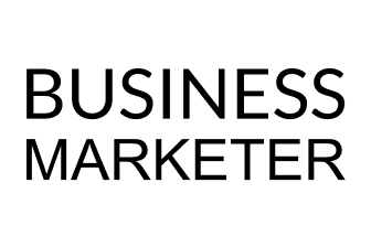 Logo tekstowe 'BUSINESS MARKETER' czarna czcionka na bialym tle.
